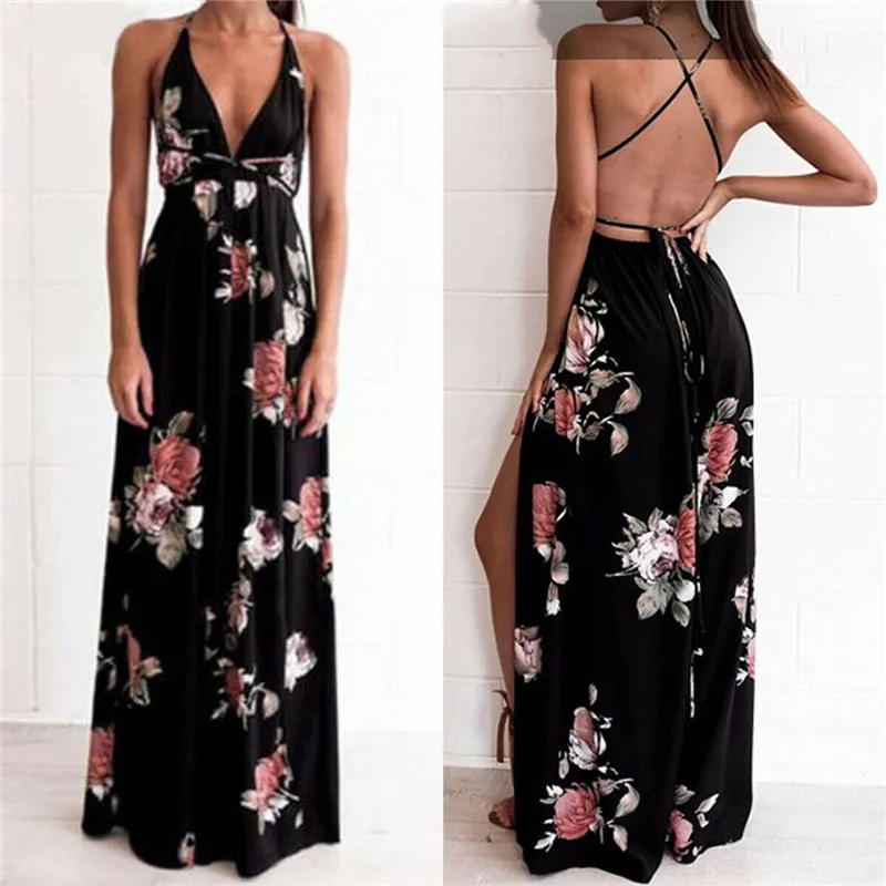 Женское длинное пляжное платье Boho летнее без рукавов с глубоким v образным