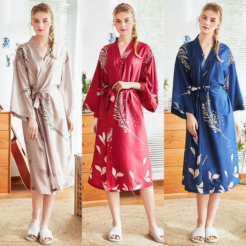 New Silk Marry Pajamas Ma'am Spring And Summer Long Paragraph Bridesmaid Gules Bride Dressing Gown Home Furnishing Robe Wp1115