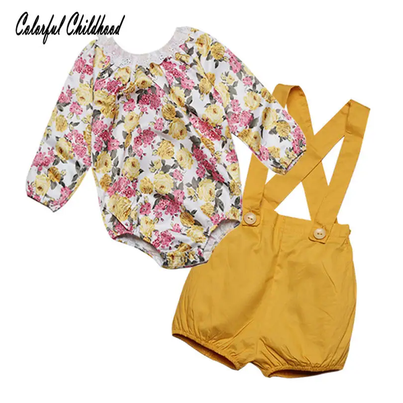 

BABY Girls floral romper long sleeve 2pcs tops+pants lace collar bib pants cross sling Infant/toddlers jumpsuit onesies 0-24M