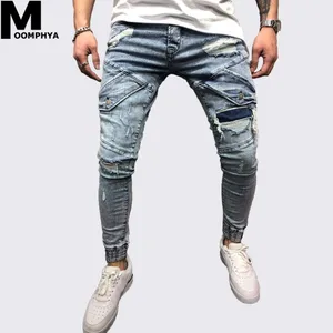 Мужские рваные джинсы в стиле хип-хоп Moomphya, синие Стрейчевые джинсы с потертостями для улицы