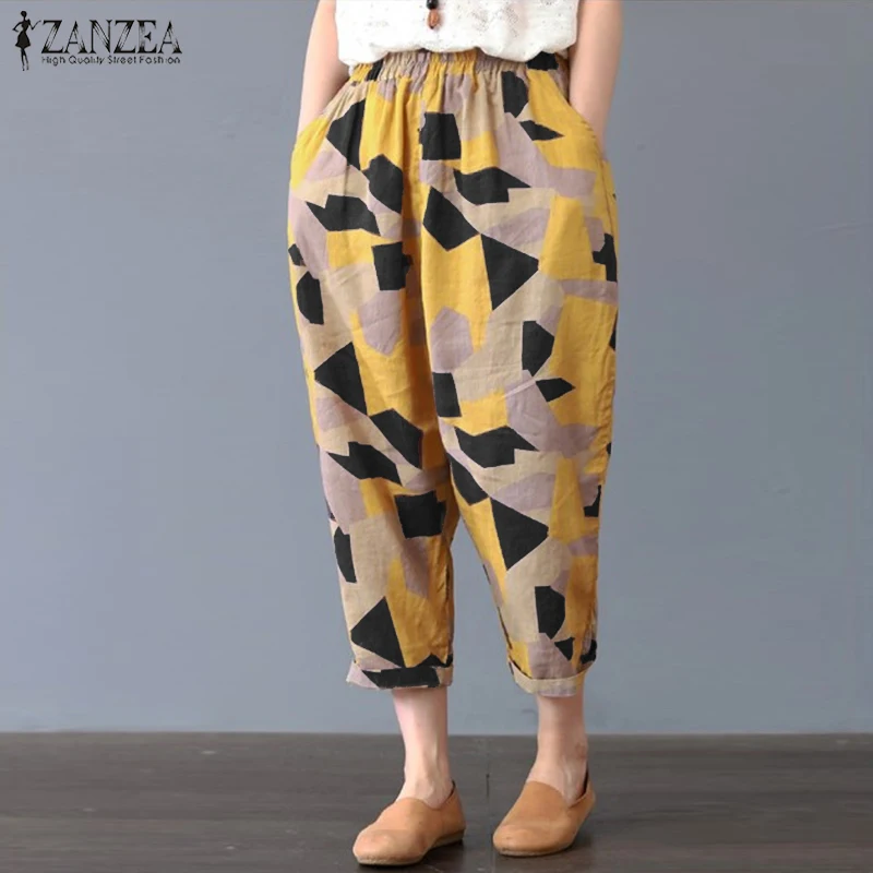 Брюки-султанки ZANZEA Женские повседневные Винтажные льняные брюки с цветочным