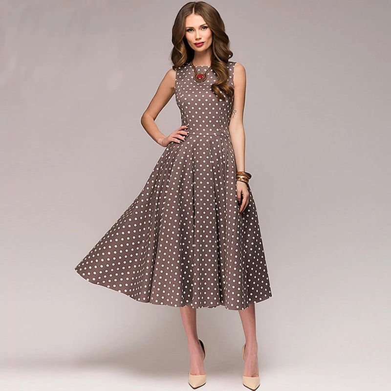 Gentillove Vintage Dress Summer Sleeveless O-neck Vestidos Dot Printing Mid-Calf Casual Elegant Female A-line Dresses | Женская одежда