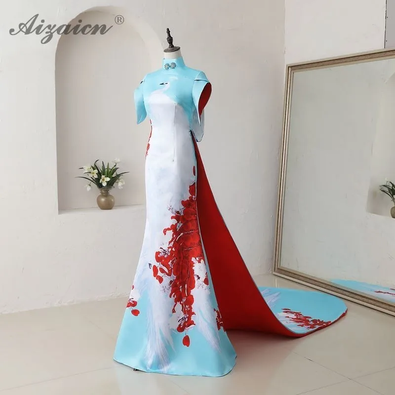 Модное платье на одно плечо Cheongsam длинный хвост кружево платья Qi Pao для женщин в