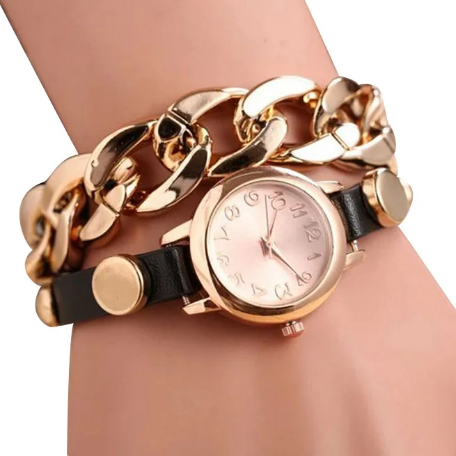 Punk Women Gold Dial Leather Chain Wrap Analog Quartz Wrist Watch Bracelet | Наручные часы