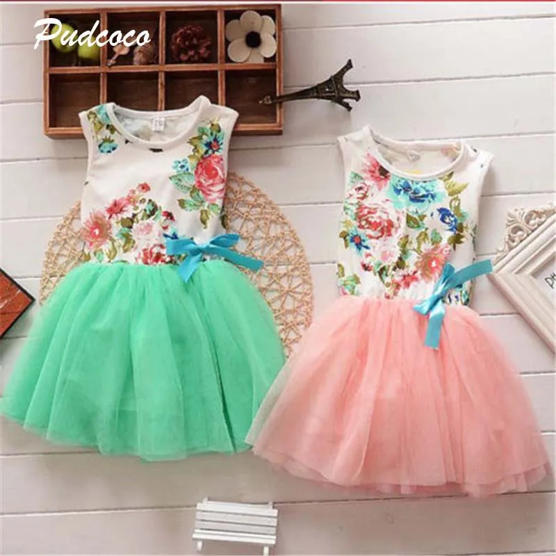 2019 Hot Casual Baby Girls Dress New Summer Sleeveless Party Flowers Print Floral Tops Bow Tulle Tutu Dresses Sundress 1-5Y | Детская