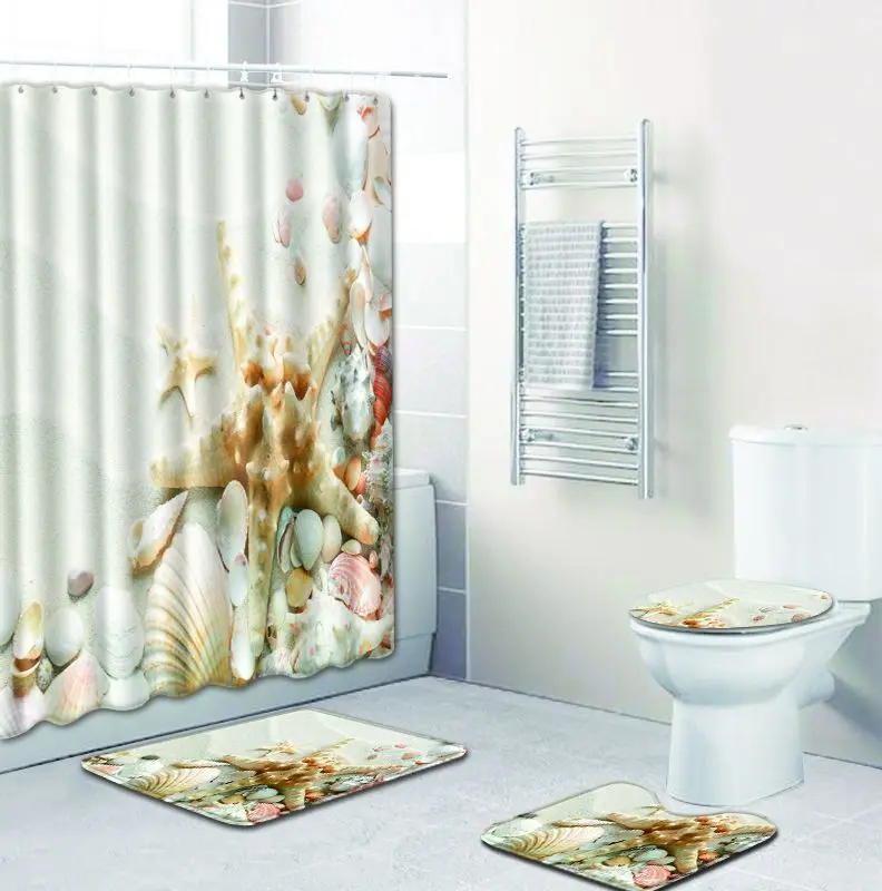 Sea shell printed Polyester Shower Curtain Bathroom Waterproof with 10 Hooks Pedestal Rug Lid Toilet Cover Bath Mat Set | Дом и сад
