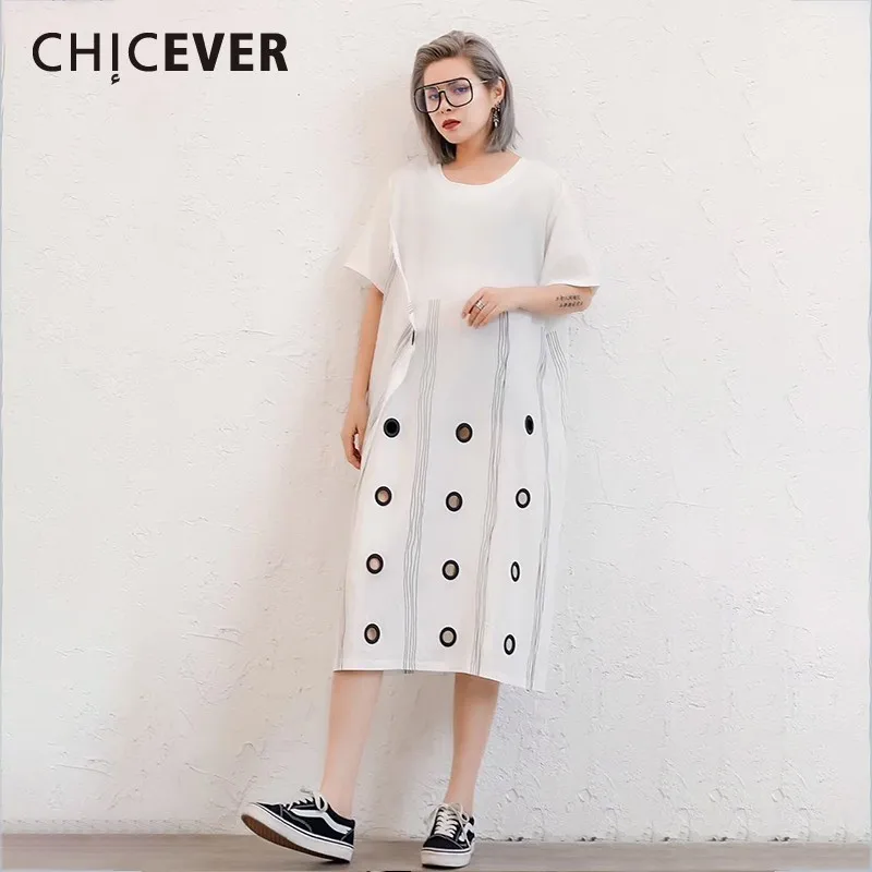 CHICEVER/весеннее повседневное женское платье с круглым вырезом и коротким рукавом в
