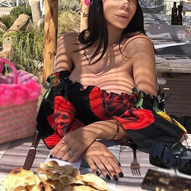 Женское платье с открытыми плечами длинным рукавом принтом платья Свинг сарафан