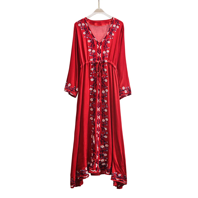 2019 spring new striped embroidered large size was thin dress red boho style fashion retro goddess women's clothing | Женская одежда