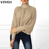 vonda sexy women blouse long lantern sleeve v neck shirt office ladies top 2021 spring casual loose polyester blouse