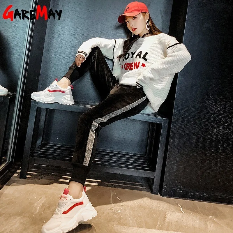 Золотые бархатные шаровары с боковыми разрезами женские зимние брюки большого