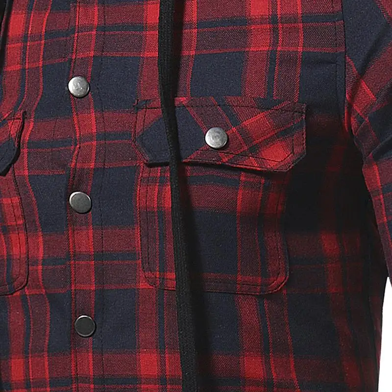 High Quality Leisure Men's Flannel Plaid Hooded Shirt Long-sleeved Double Pockets Casual Checked Pattern Red Green Navy Blue | Мужская