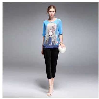 Miyake fold printing jacket new large size ladies fashion loose shirt collar cartoon female T-shirt suit | Женская одежда