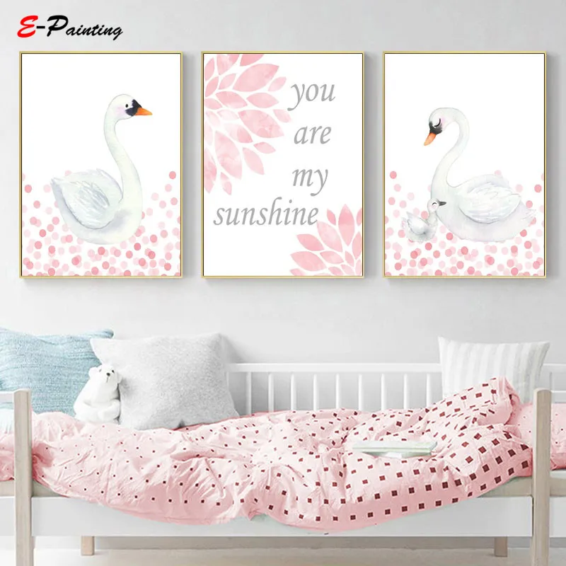 Modern Swan Wall Art Print Baby Girl Nursery Decor Pink and White Girls Bedroom Canvas Painting Prints Unframed | Дом и сад