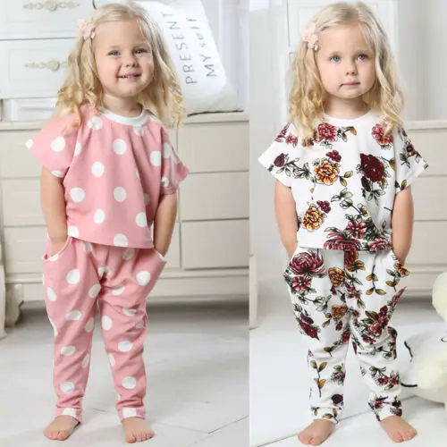 Toddler Baby Boys Girl Floral/Dot Short Sleeve Tops+Pants Outfit Set Clothes | Детская одежда и обувь