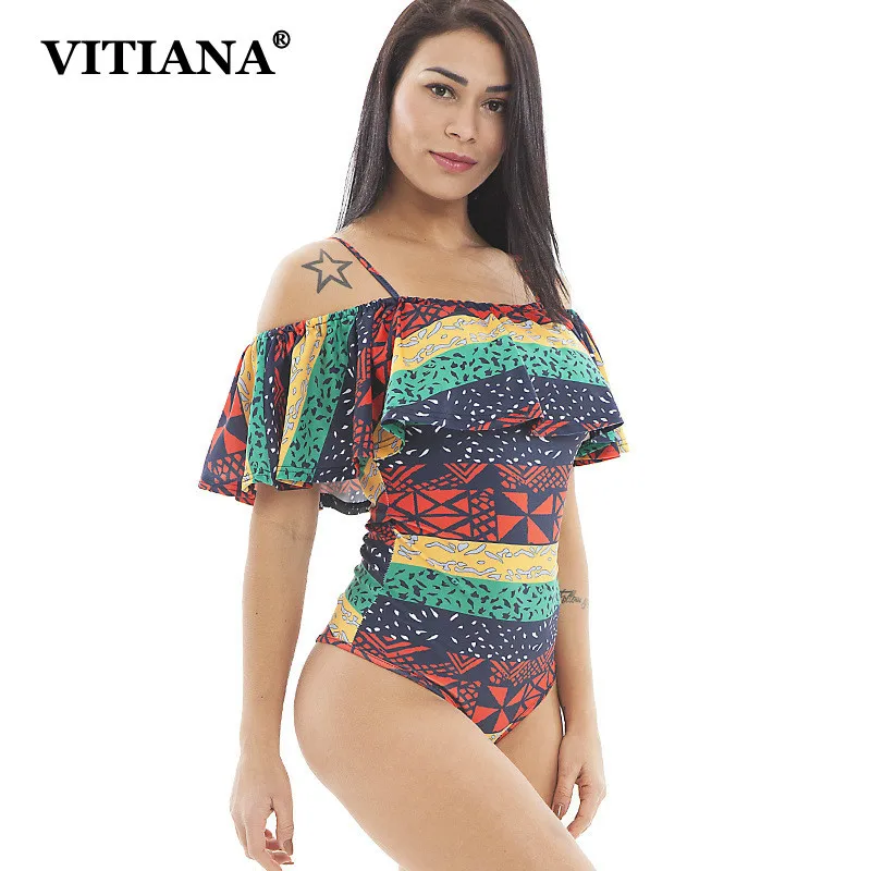 VITIANA Women Summer Beach Bodysuit 2019 Female Print Ruffles Vintage Backless Bodysuits Ladies Off Shoulder Sexy Swimsuit|Боди| |