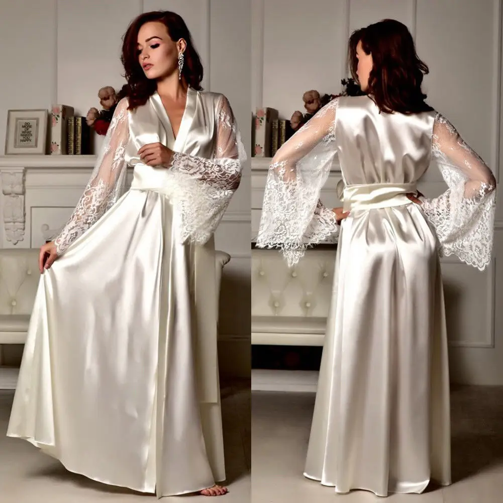 Женский однотонный пикантный Шелковый Атласный кружевной халат с длинным