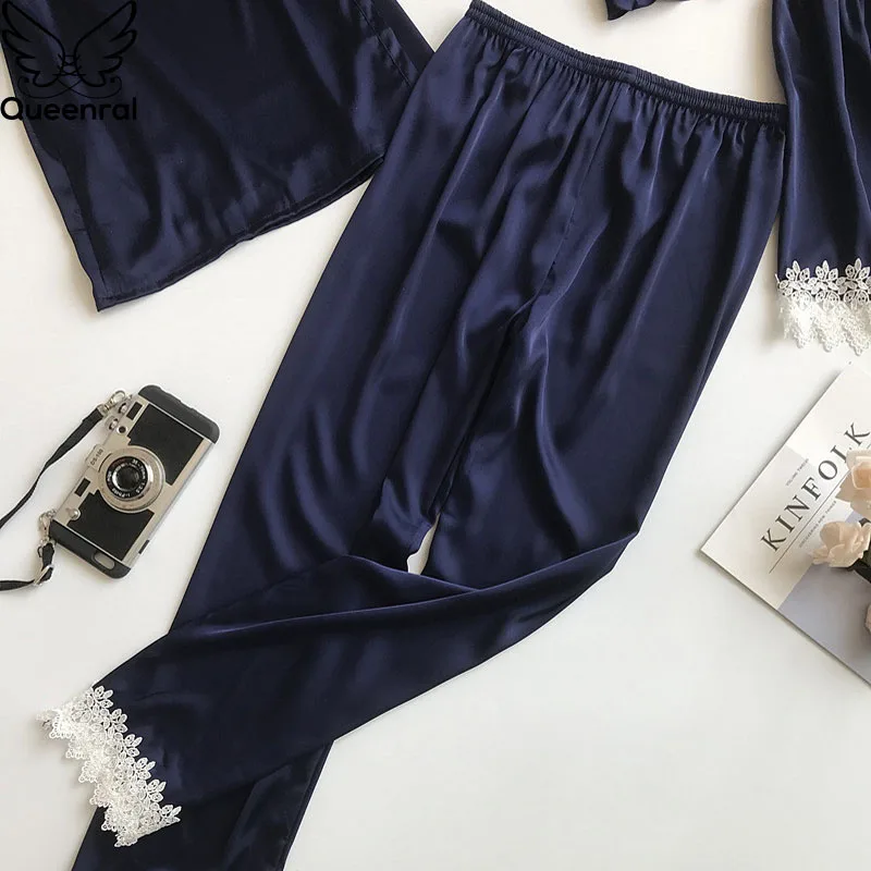 Queenral 4 шт. пижамы для девочек женщин сна Lounge атласные Pijama Весна Домашняя одежда