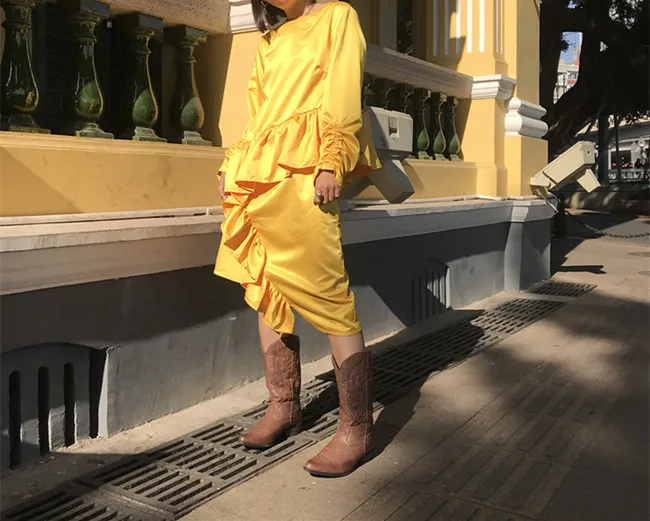 Женское платье с рукавами фонариками DEAT плиссированное в стиле пэтчворк круглым