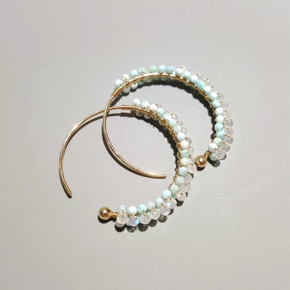 

LiiJi Unique Natural Tiny Larimar Moonstone 925 Sterling Silver Gold Color Hoop Earrings