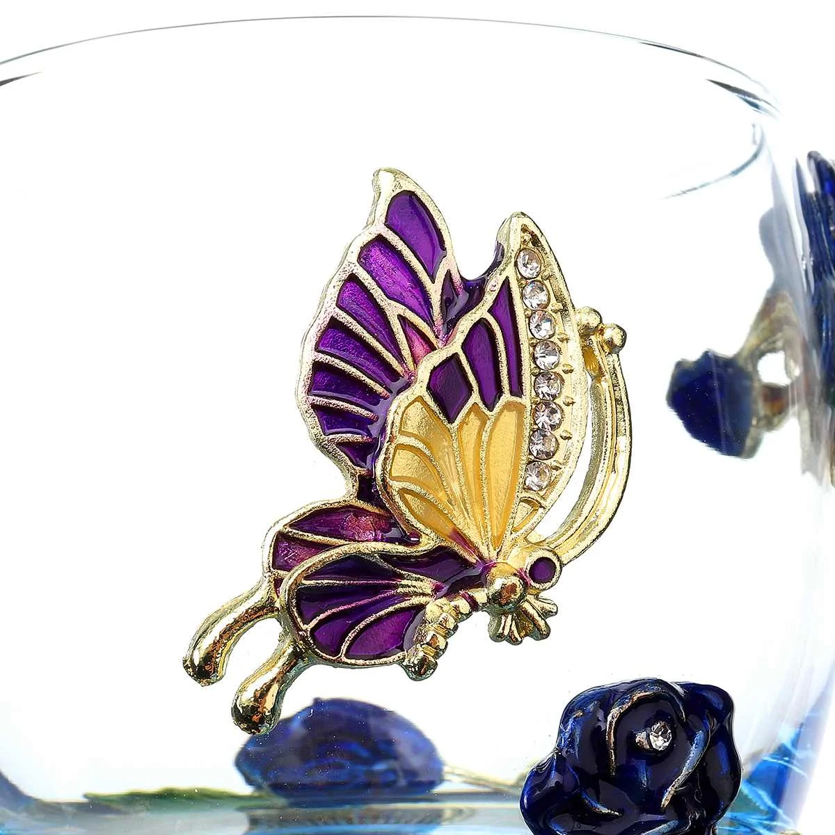 Эмалированная прозрачная стеклянная кружка для кофе и чая термостойкая с синими