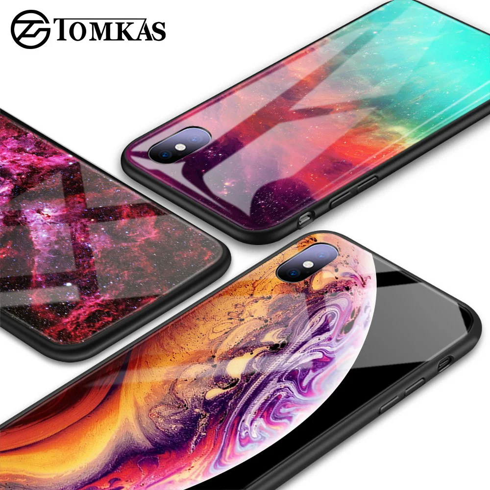 Роскошный Космический Чехол TOMKAS для iPhone X XS MAX XR стеклянный силиконовый чехол