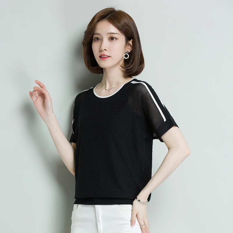 short sleeve top hollow out knit women sweater Pullovers o neck summer Basic Women Sweaters Korean Style Slim Fit Black | Женская одежда