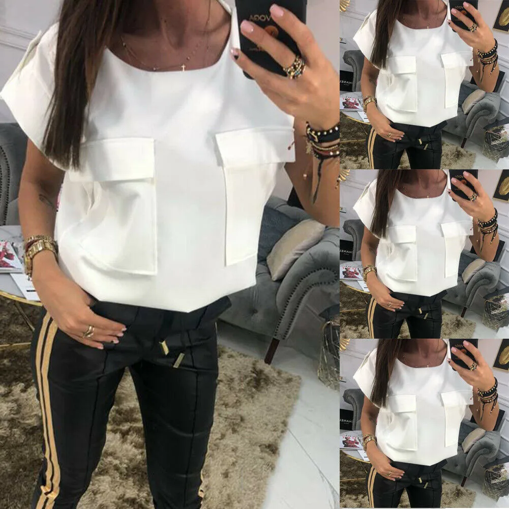 Женская белая футболка с коротким рукавом двойным карманом и круглым вырезом