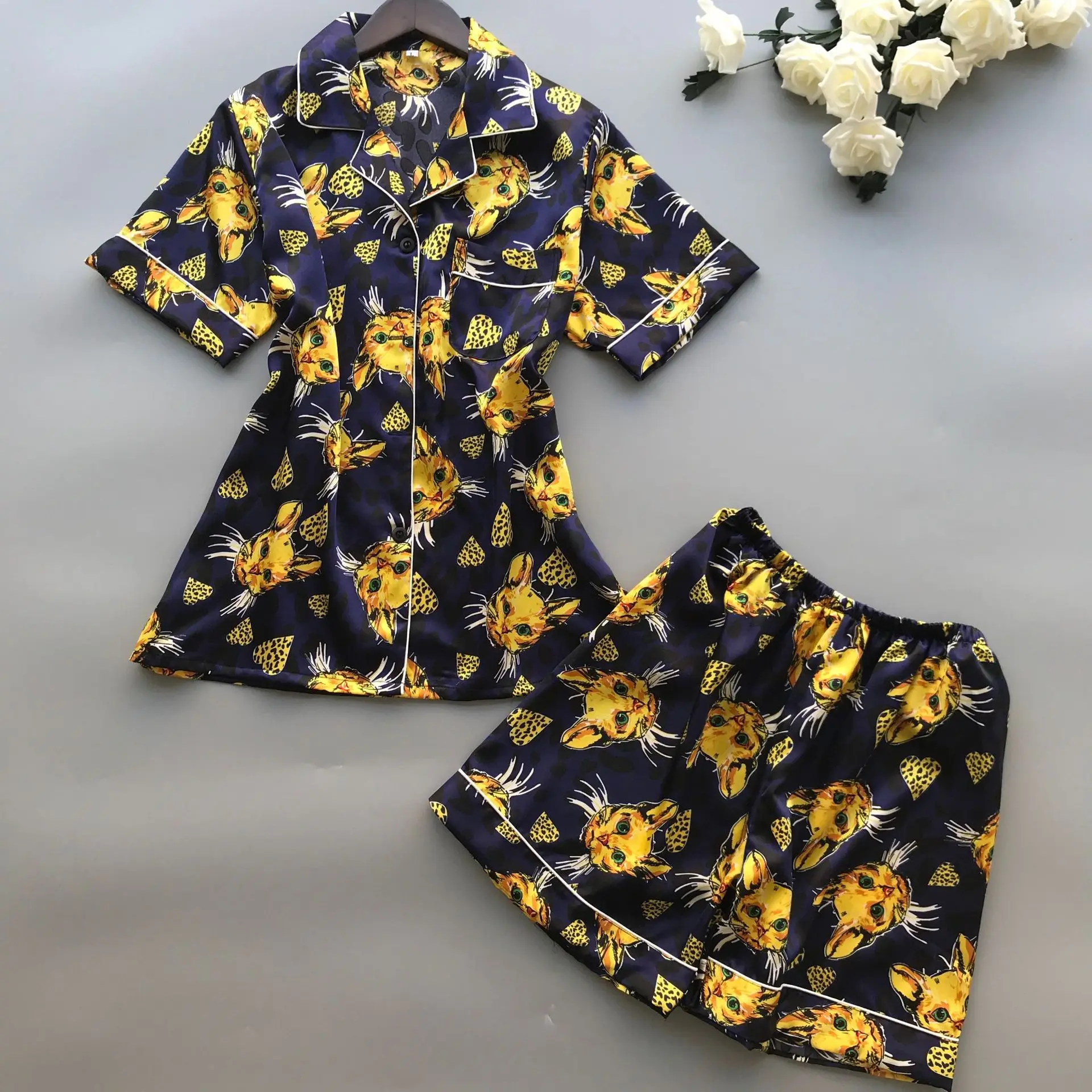 2019 весна лето женская тонкая Пижама наборы с шортами цветочный принт атласная