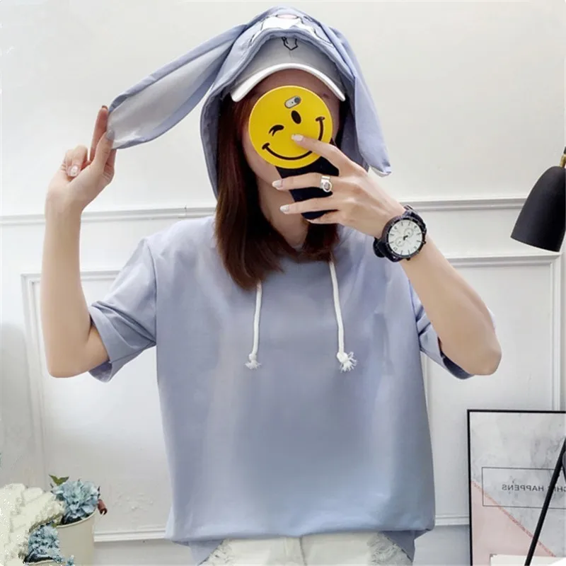 Женская футболка с капюшоном и длинными ушками милая розовая кроликом Kawaii