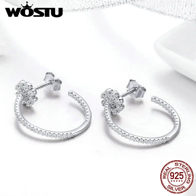 WOSTU корейская мода 925 пробы серебряные серьги-кольца цветок Прозрачный Циркон большие серьги для женщин Свадебные серебряные украшения CTE049