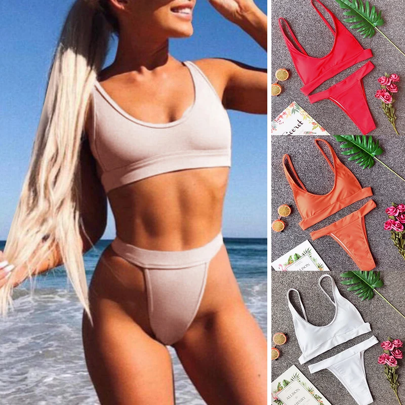 Женский купальник из двух предметов однотонный бикини на тонких бретельках с