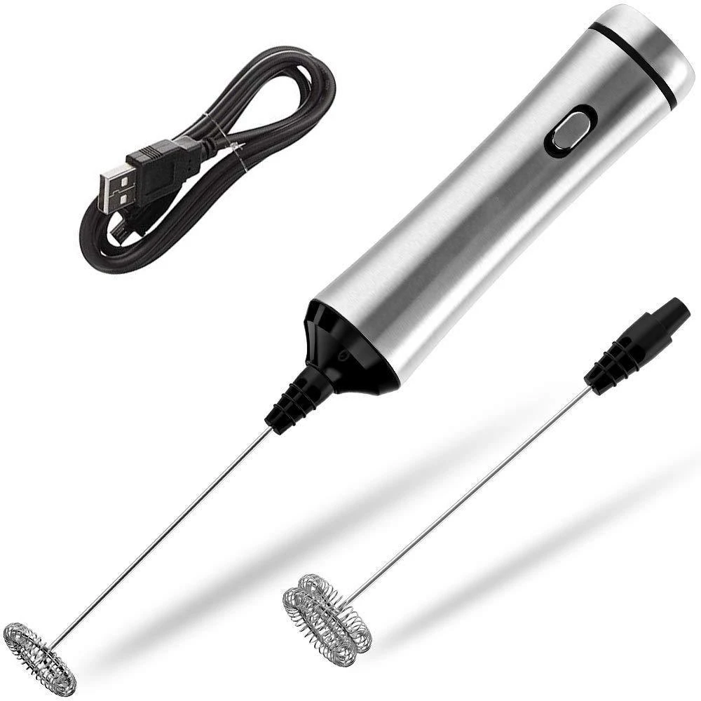 EAS-Usb Chargeable Double Spring Whisk Head Electric Milk Frother Stainless Steel Handheld Milk Foamer Drink Mixer Two Speeds