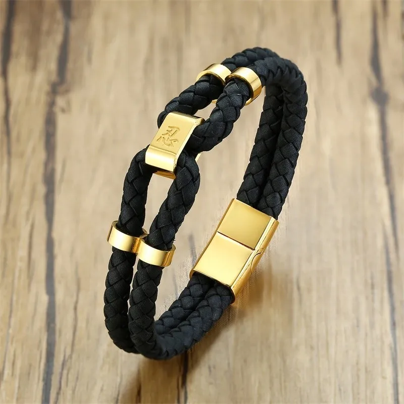 

Vnox Mens Black Genuine Leather Bracelets Stainless Steel Cross and Letter ID Tag pulseira masculina 21.5cm