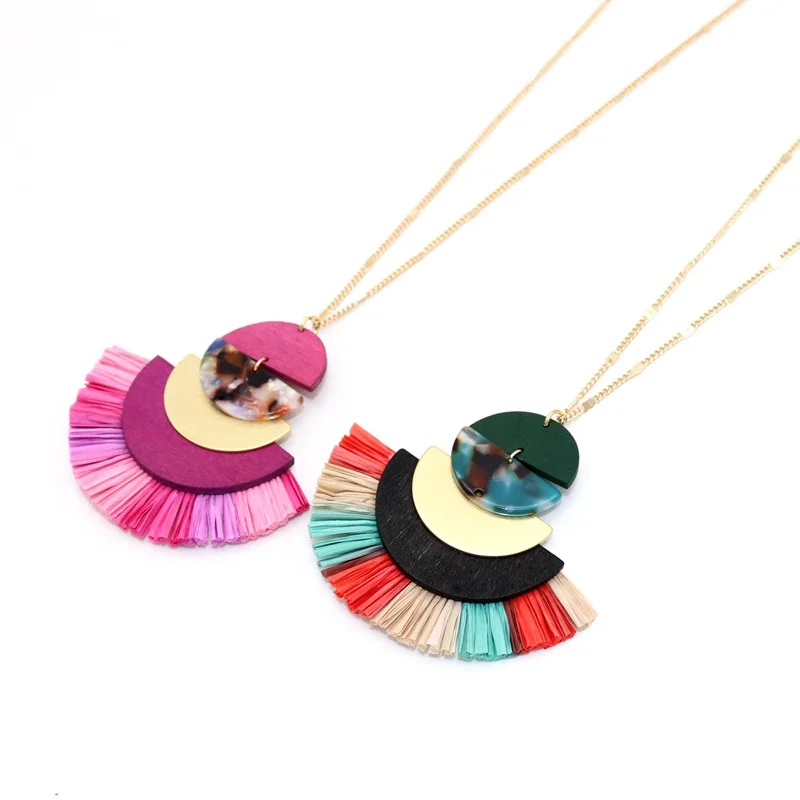 Акриловая полукруглая деревянная рафия подвеска кисточки Длинная цепочка