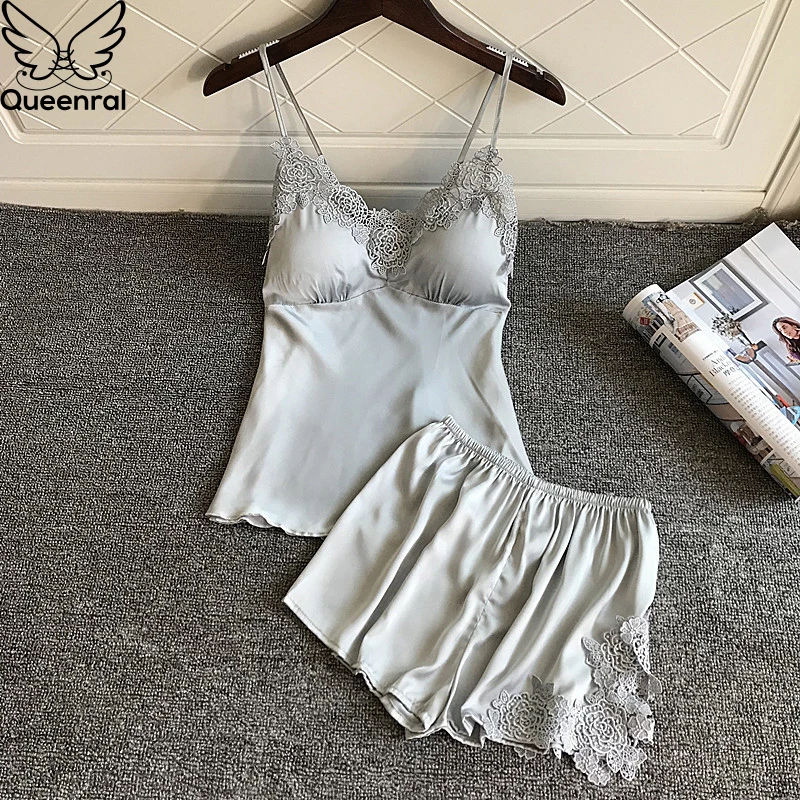 Queenral Women's Sleep Lounge Pajamas Set Silk Summer Sleepwear Sleeveless Nightwear Sexy Lingerie Intimate For Women With Pad | Женская