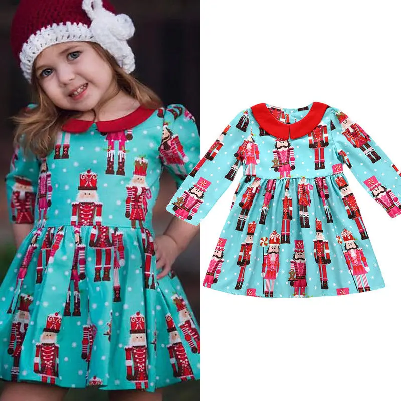 2018 Xmas Cute Sweet Toddler Kids Baby Girls Party Dress Cartoon Print Long Sleeve Peter Pan Collar Knee-Length A-Line | Детская одежда