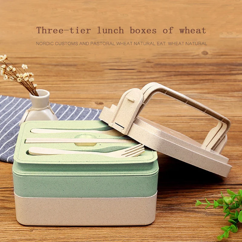Wheat Straw Bento Box Student Multi-Layer Portable Food Container Lunch For Kids Microwave Chopsticks + Fork +Spoon | Дом и сад