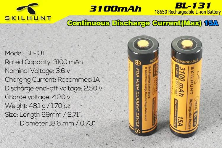 

Skilhunt BL-131 18650 3100mAh 15A Protected Battery
