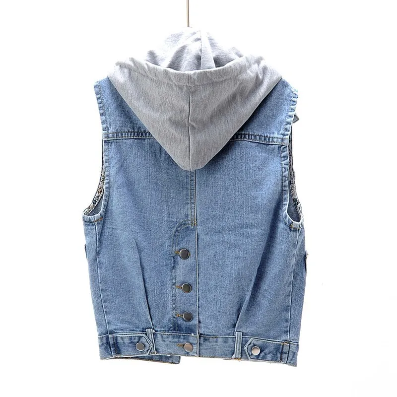 5XL Large Size Vest 2019 Fashion Women's Spring Sleeves For Women Denim Vests Wild Hooded Sleeveless Tops AS411 | Женская одежда