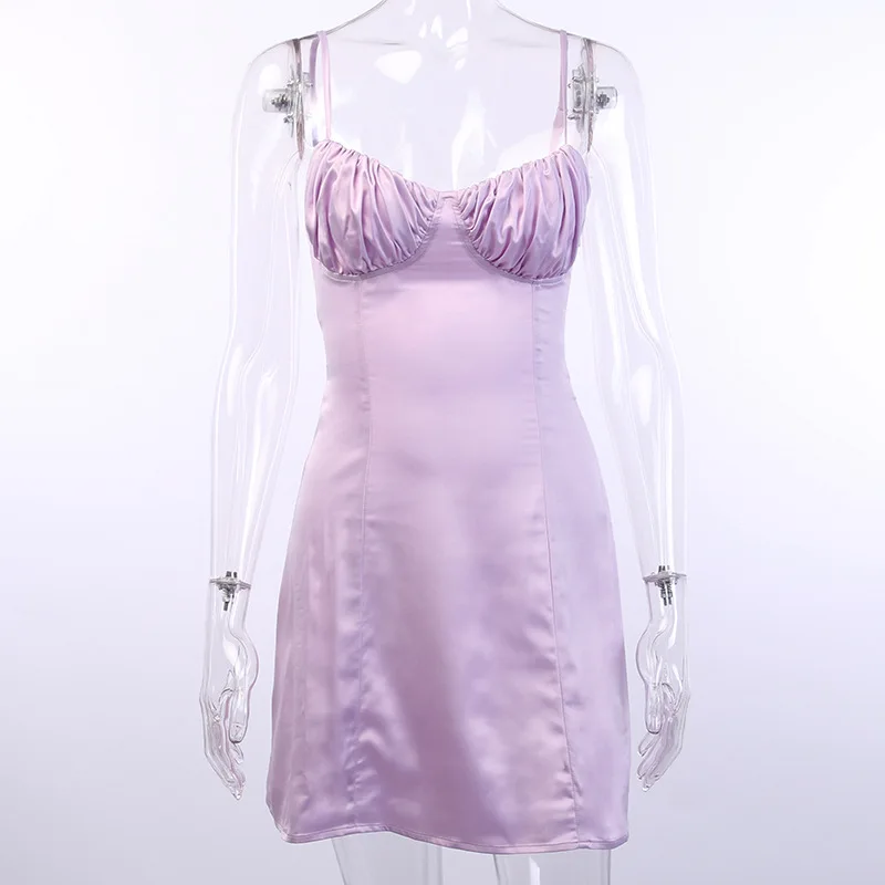 

BOOFEENAA Sexy Satin Silk Women Purple Summer Dresses Party Club Ruched Low Cut Lace Up Backless Sleeveless Mini Dress C66-AA86