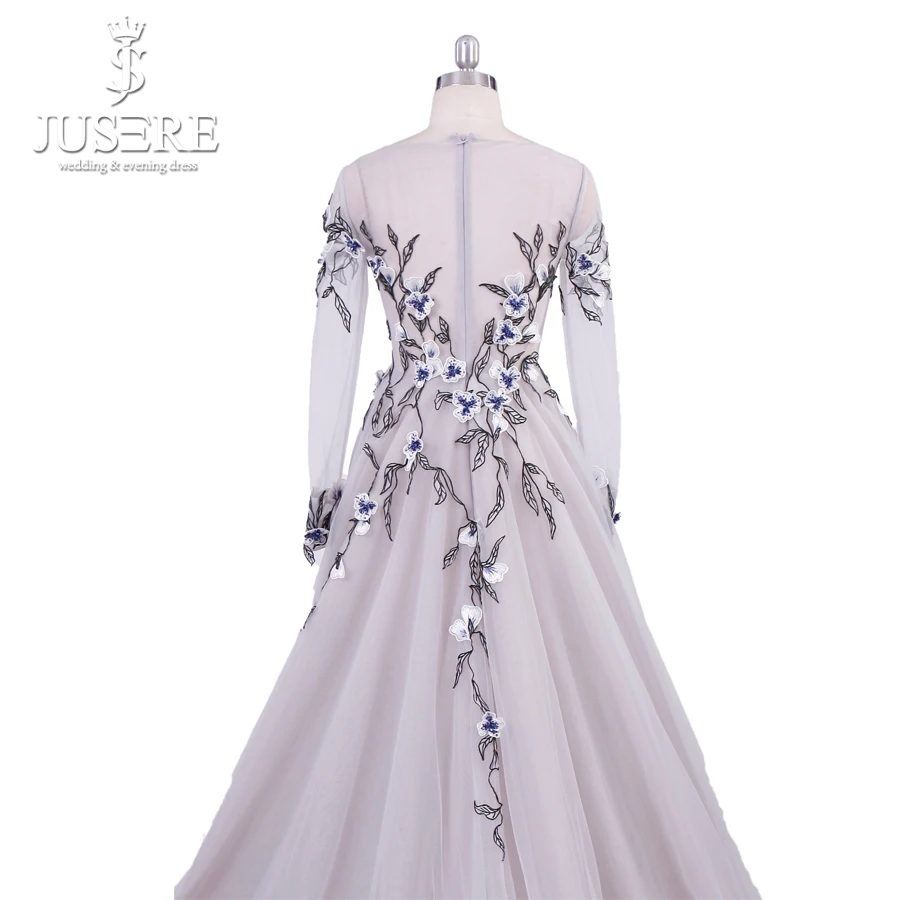 

JUSERE vestidos de fiesta Silver Long Prom Dress 3D Embroidery Flower See Through A-Line Sleeves Floor Length Party Gown C3025