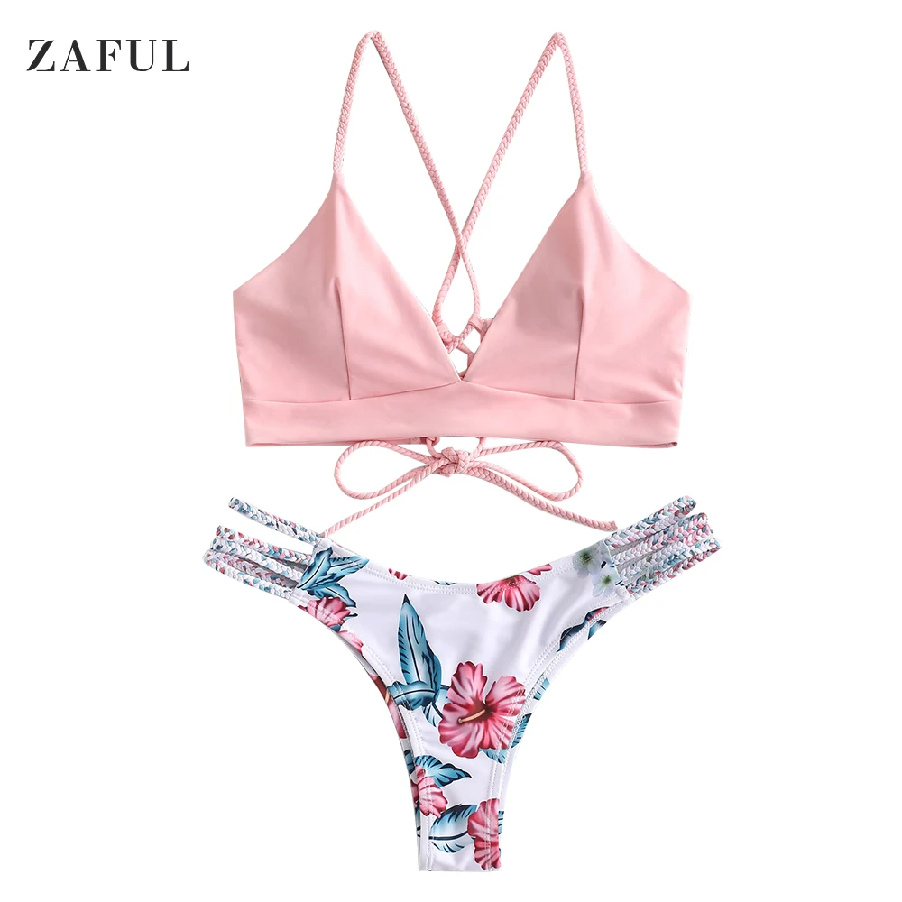 Женский комплект бикини ZAFUL с плетеным ремешком и цветочным принтом спортивный