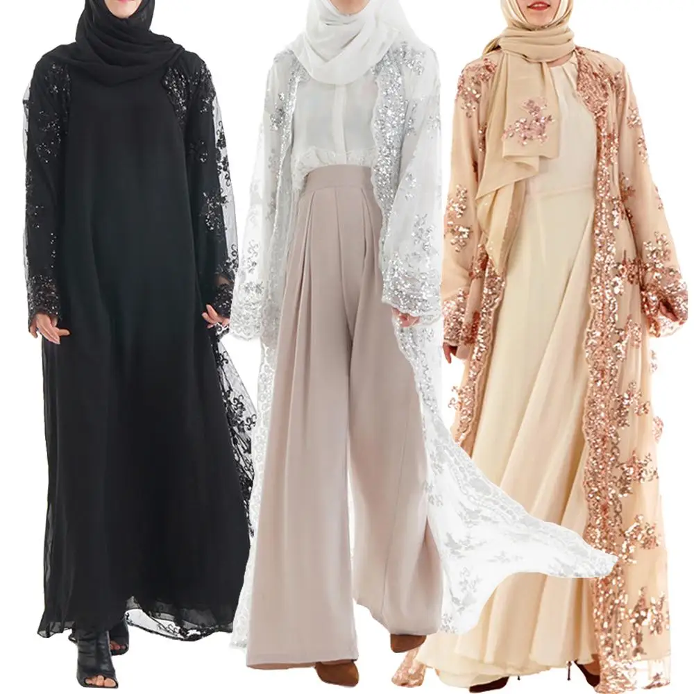Модный роскошный женский кардиган с блестками, мусульманское длинное платье с блестками, кружевной кафтан с вышивкой в Дубае, исламский хал...