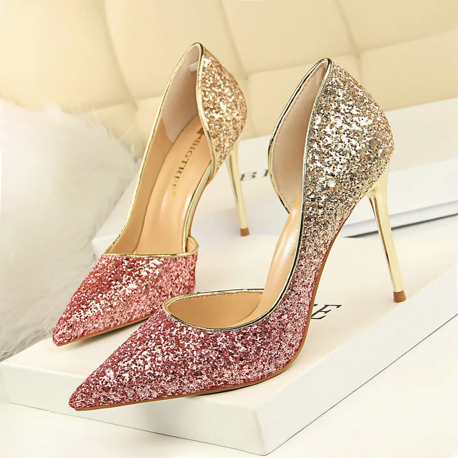 

Moraima Snc 2019 New Gradient Color Woman Summer Single Shoes Pointed Toe Bling Stilettos Shallow Thin Heels Party Sexy Pumps