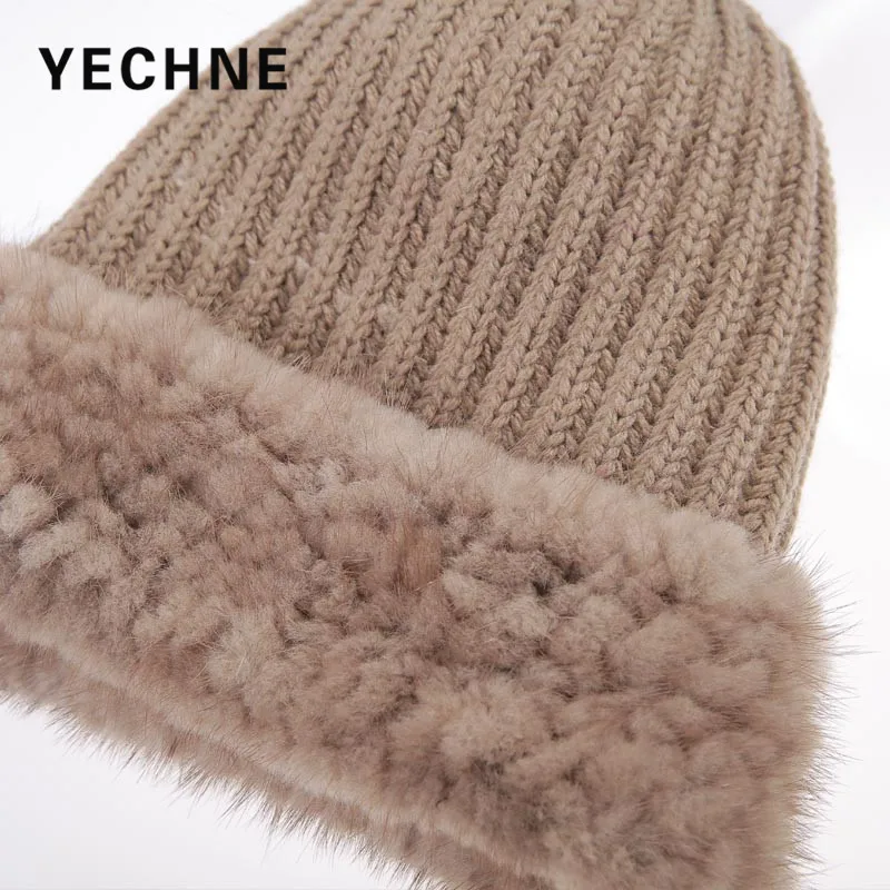 Женская зимняя вязаная шапка YECHNE из натурального меха норки|Женские Skullies и
