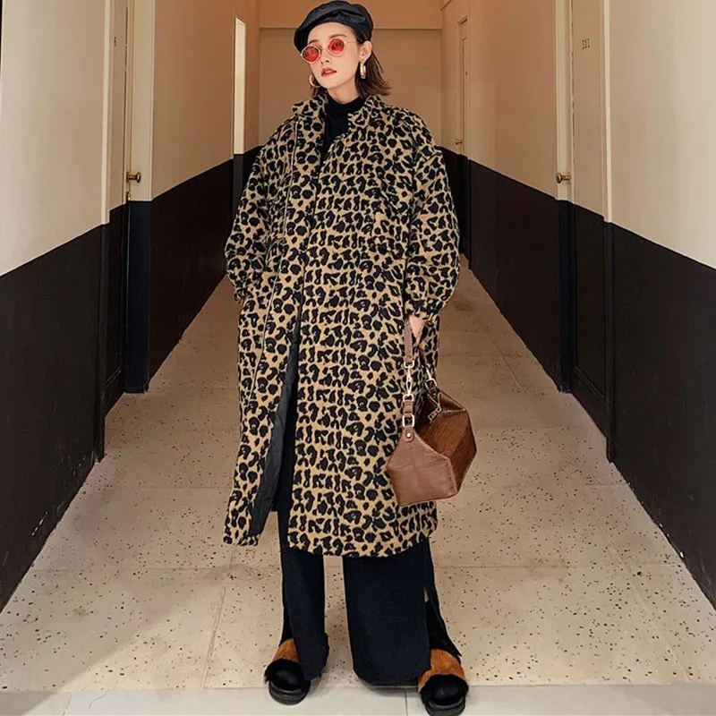 TWOTWINSTYLE корейский Леопардовый шерстяной Тренч женский с длинным рукавом плюс