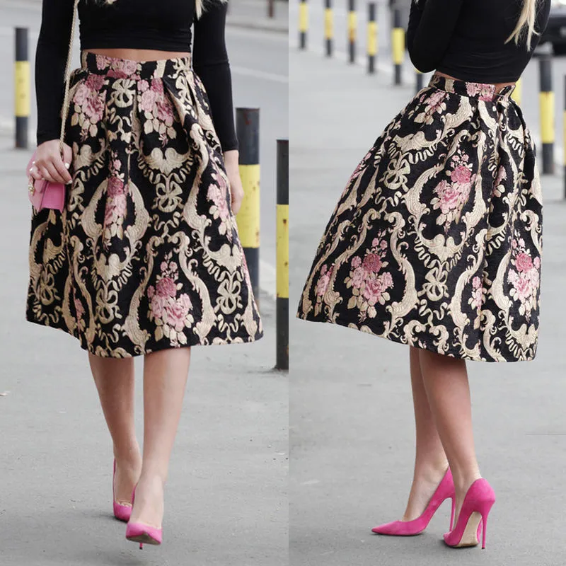 

New Womens Stretch Elegant High Waist Skirts Hot Sale Woman Vintage Flared Pleated Swing Skirt Floral Printing Office Work Skirt