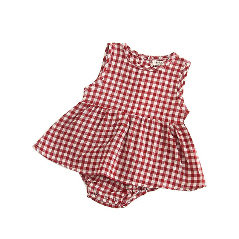 New 0-3T Baby Kids Rompers knitted baby clothes Summer newborn romper cotton children female plaid sleeveless skirt |