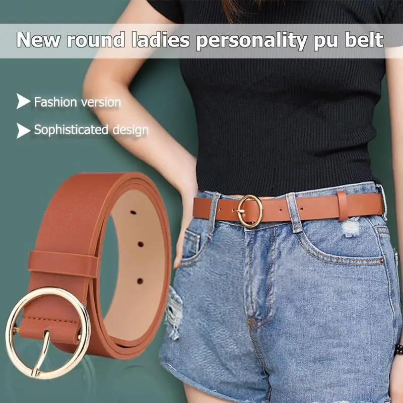 Женский ремень с круглой металлической пряжкой из искусственной кожи поясные